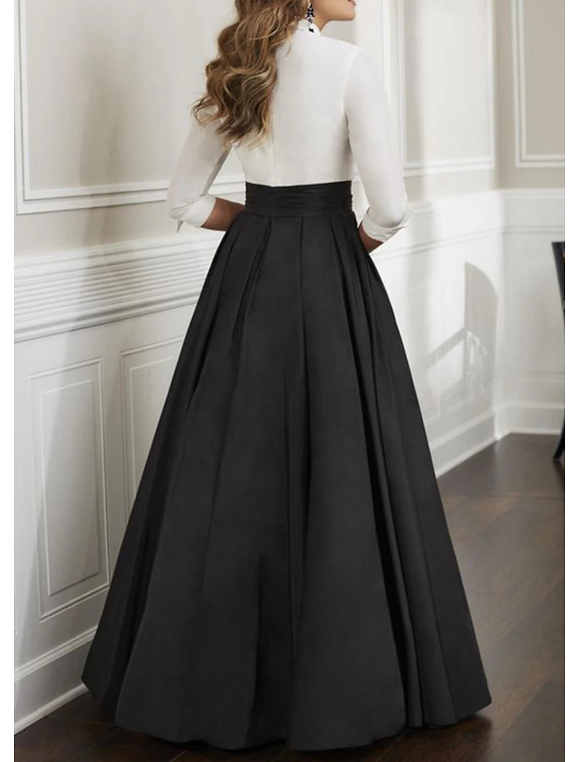 Abito da sera a trapezio, colore nero, taglia comoda, per invitati a matrimoni, serate, feste, lunghezza al pavimento, manica a 3/4, colletto a camicia, raso italiano con stampa